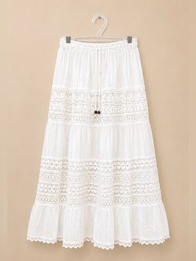 Women's Long White Tiered Lace Maxi Skirt
